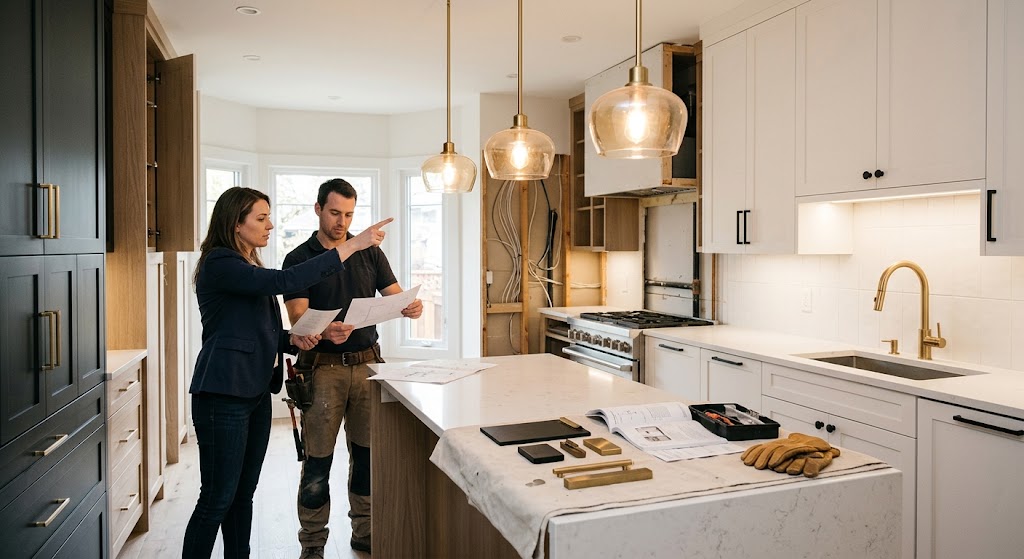 Interior designer and contractor reviewing renovation plans in a kitchen remodel featuring brushed brass pendant lights, brass faucet, and hardware finish samples on island.