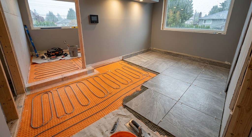 Professional bathroom renovation with orange Schluter Ditra heating uncoupling membrane and heating cables installed on subfloor next to newly laid gray porcelain tile.